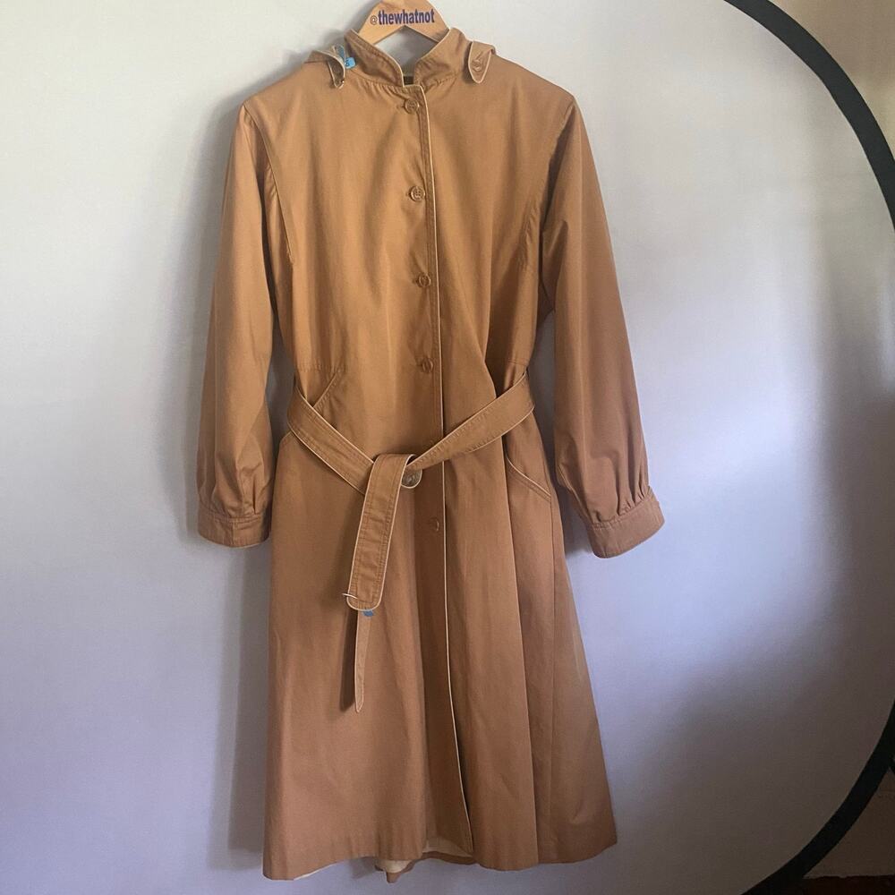 London Fog Taupe Trench Coat Hooded Belted Zip-Out Liner M/L Vintage Outerwear - Picture 7 of 17